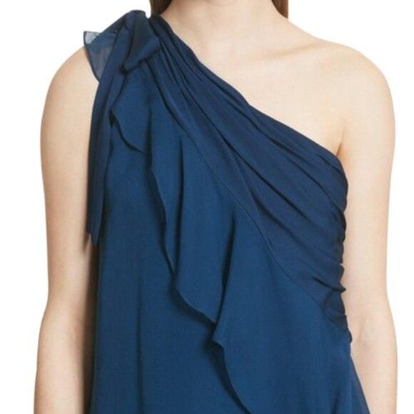 CINQ A SEPT Caspian Lapis Blue Silk Georgette One Shoulder Ruffle Top - Picture 5 of 6